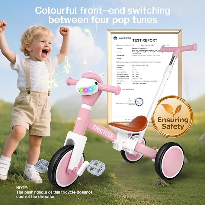 5-in-1 Toddler Tricycle with Lights & Music, Adjustable Push Kids Bike for 1-5 Year Olds, Toddler Balance Bike & Tricycle for Boys & Girls, Birthday Gift for 1 2 3 4 5 Year Old Kids (Pink)