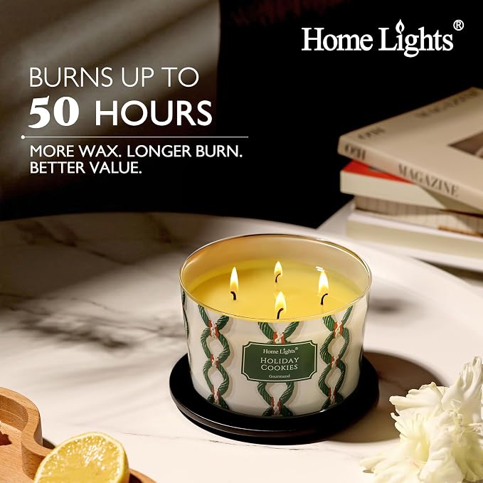 HomeLights 4-Wick Candles for Home Scented - 18oz Soy Wax Blend Candle Long-Lasting Fragrance, Rustic Modern Home Decor and Housewarming Gifts, Holiday Cookies