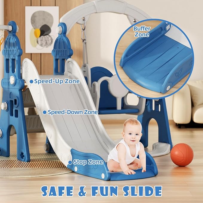 XJD 5-in-1 Toddler Slide and Swing Set, Kids Slide for Toddlers Age 1+, Toddler Outdoor Playset with Basketball Hoop, Swing, Outdoor Indoor Playground for Toddlers 1-3 (Blue)