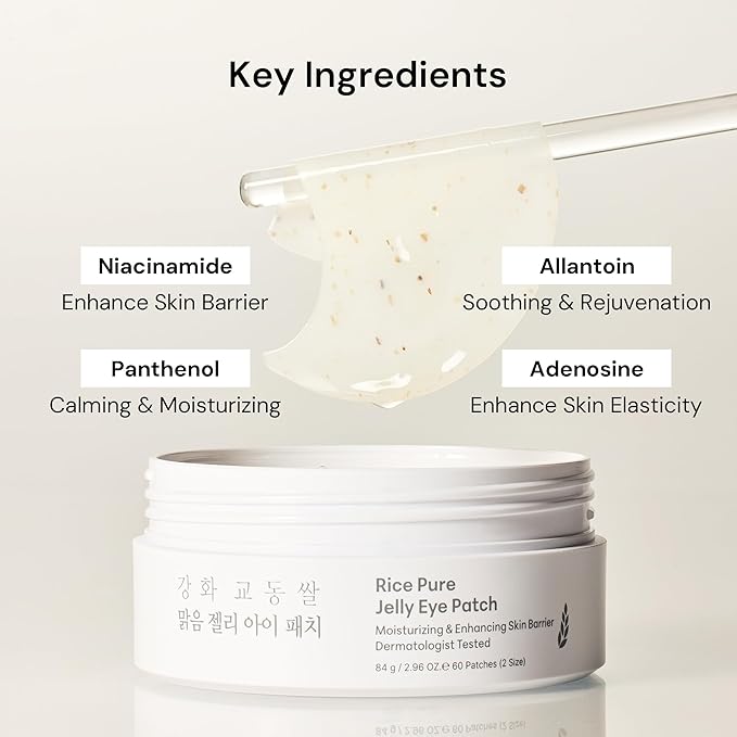 THANKYOU FARMER Rice Pure Jelly Eye Patch, 60 Count, Hydrogel Under Eye Mask Patches, Cooling Vitality & Elasticity Support with Niacinamide & Panthenol, Two Shapes for Multi-Area, Korean Skin Care