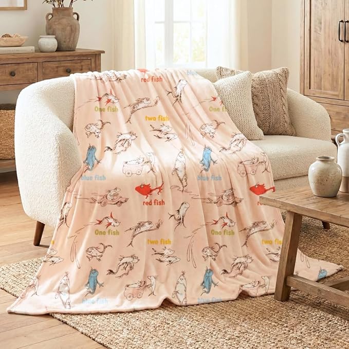 One Fish Two Fish Red Fish Blue Fish by Dr. Seuss Book Throw, Kids Super Soft Plush Cozy Throw Blanket, 60 in x 70 in, (Officially Licensed Product) by Franco