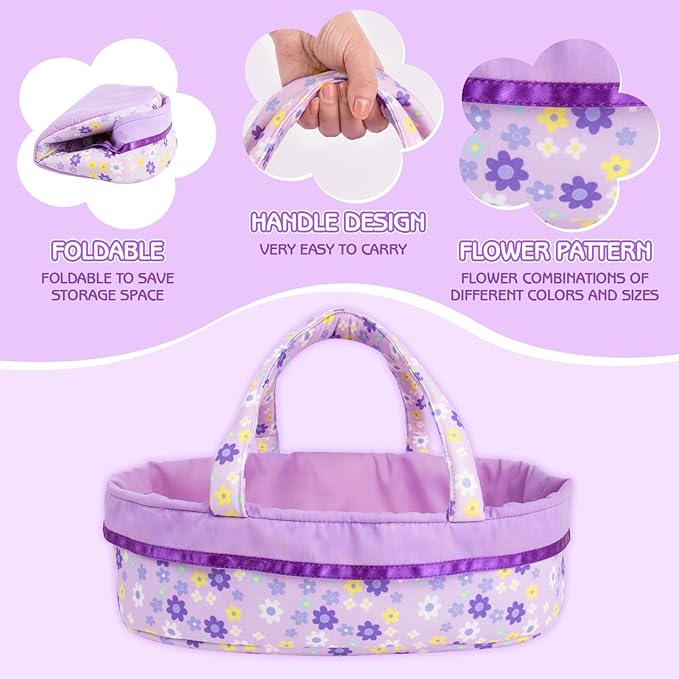 Aori 8 Pcs Reborn Baby Dolls Clothes with Bassinet for 16-18 Inch Reborn Doll, Purple Carrier Bed and Baby Doll Clothes Accessories fit Newborn Girl