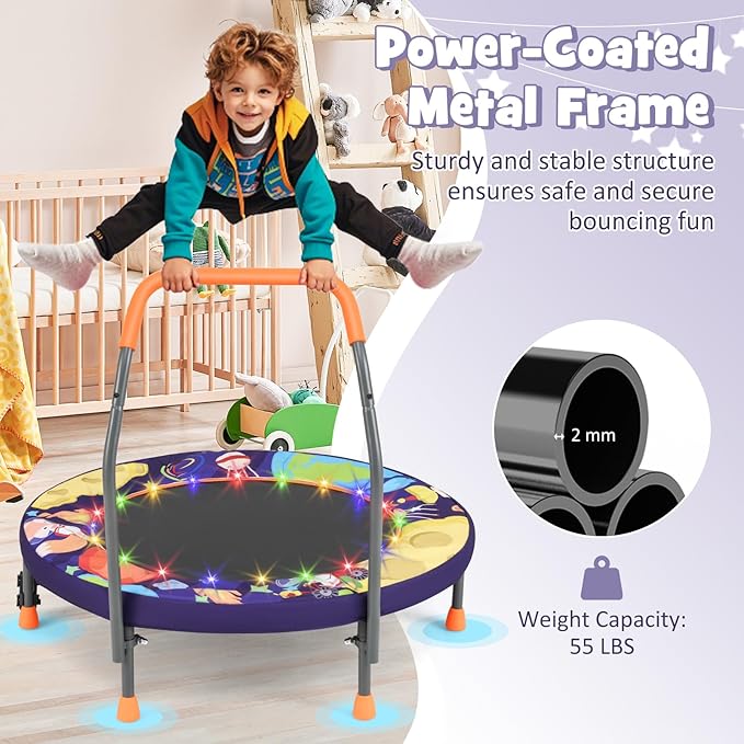 GYMAX 36” Toddler Trampoline with Lights, Folding Springless ASTM Approved Small Kids Rebounder with Foam Handle, Safety Padded Cover & Foldable Legs, Mini Indoor Baby Trampolines