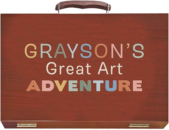 Let's Make Memories Personalized 80-Piece Deluxe Art Set - for Kids - Wood Carrying Case - Oil Crayons, Colored Pencils, Watercolors - Arts & Crafts - Palette Design - Add Name - Great Art Adventure
