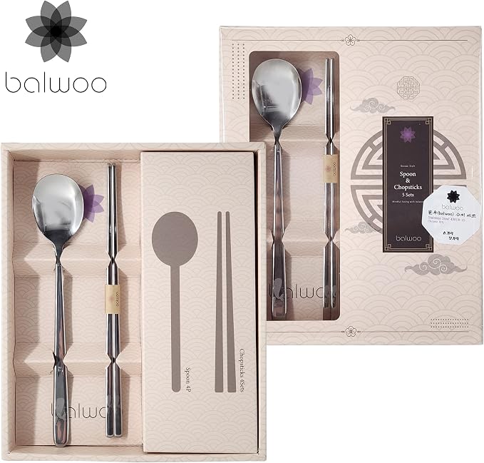 [5 Sets][Made in Korea] Sticky Korean Style Rice Spoon Chopsticks Set 430 Stainless Steel Soup Spoon Ramen Noodle Chopsticks Flatware (Whale)