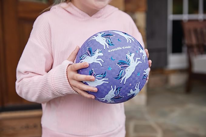 Crocodile Creek Playground Ball - Durable Rubber Ball for Kids Ages 3 and Up - Bouncy Inflatable Ball for Kickball, Indoor Games, and Outdoor Sports - PVC-Free - Purple Unicorn - 7-inch Diameter