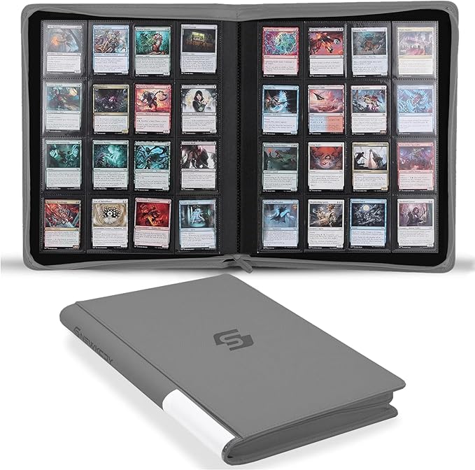 Snekdy premium 1024-pocket trading card binder, 16-pocket cards album, waterproof PU-leather Cover album with side loading, holds gaming, baseball, basketball & sports cards (light grey)