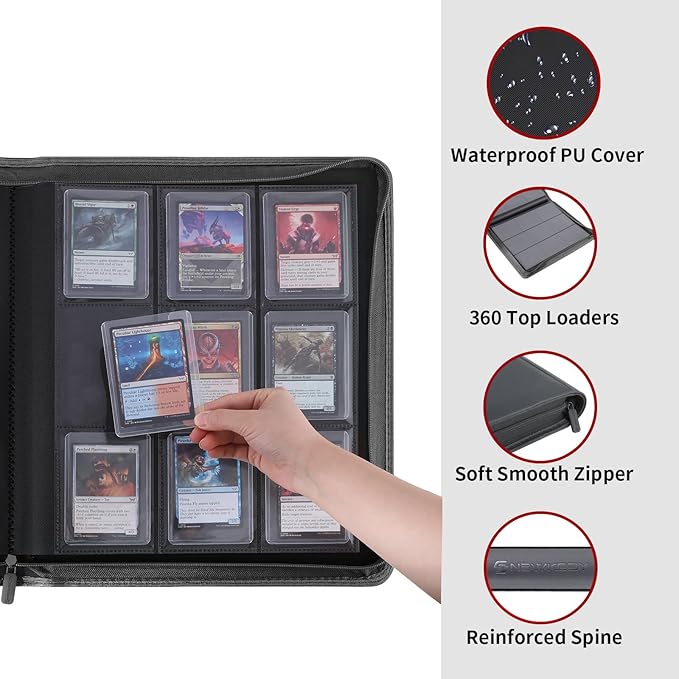 Snekdy Top loader Binder, 9 Pockets Top Loader，Holds 360 Top Loaders cards, Card binder with Sleeves for card in 3 x 4 inches color smooth Zipper PU Leather (Light Grey)