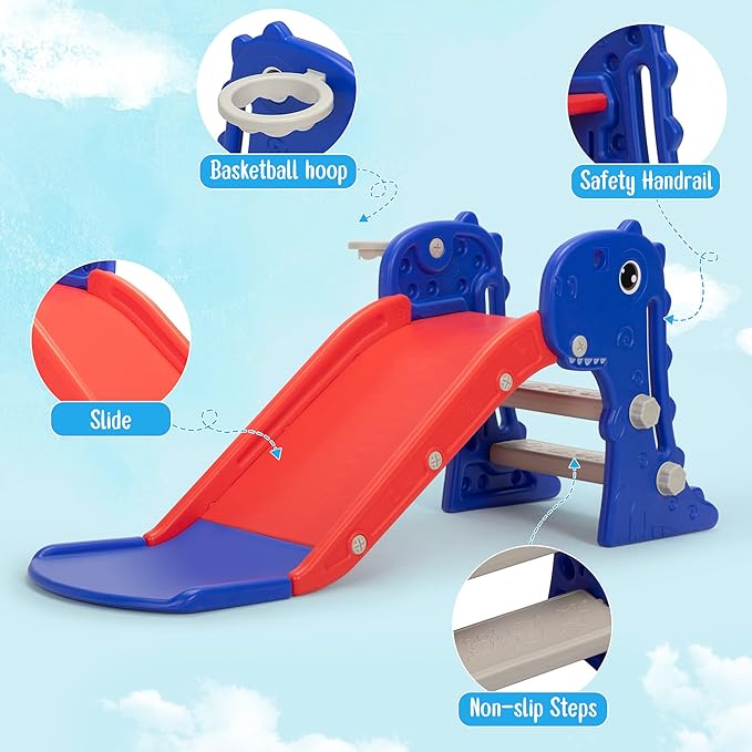 Nyeekoy 3 in 1 Toddler Slide, Kids Slide Climber Playset with Basketball Hoop, Indoor and Outdoor Playground for Kids, Folding Design Freestanding Baby Slide, Easy Assembly