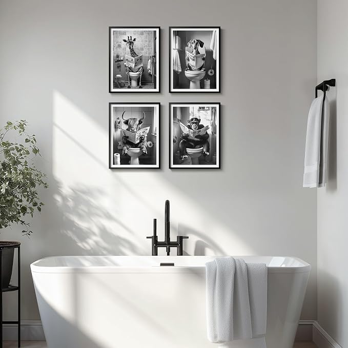 Framed Black and White Bathroom Wall Art Decor, 4 Piece Modern Animal Canvas Prints Painting Artwork, Dog Highland Cow Giraffe Sitting on Toilet Reading Newspaper Pictures for Toilet Restroom, 11x14