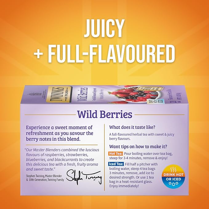 Twinings Herbal Variety Sampler Pack, 20 Count (Pack of 4). Includes Raspberry & Lemon, Mango & Pineapple, Wild Berries and Peach & Orange. Refreshing & Fruity, Naturally Caffeine- Free, 80 Individually Wrapped Tea Bags.