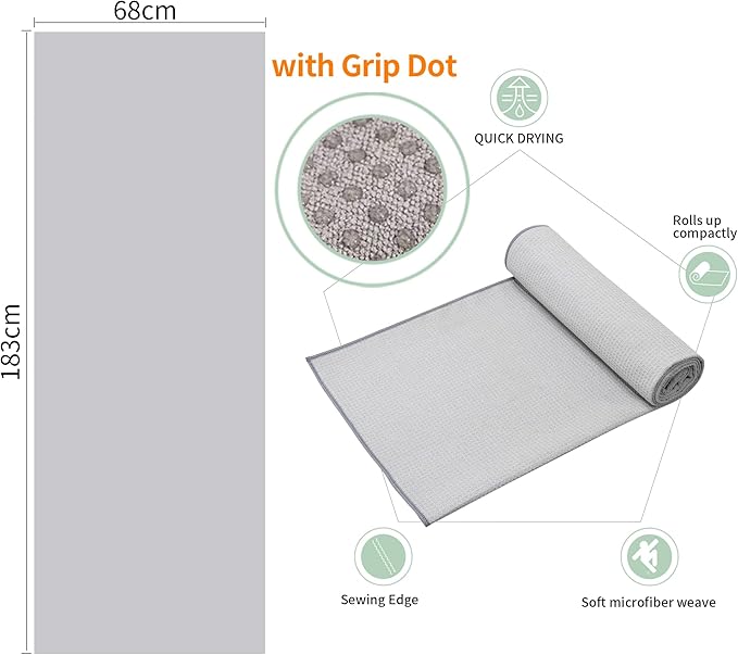 2 Pack Hot Yoga Towel Non Slip Yoga Mat Towel Non-Slip Sweat Absorbent (Light Gray, 72.00" x 26.50")