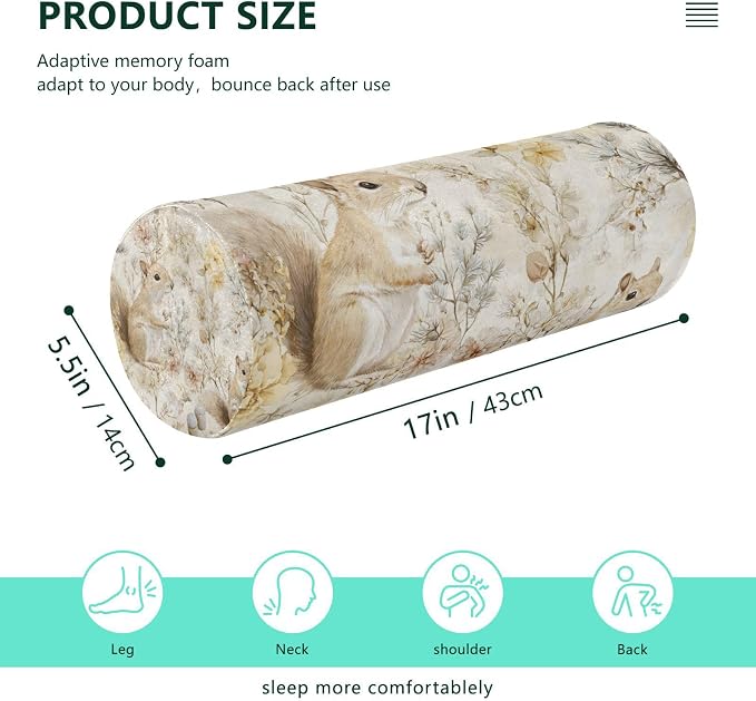 Beige Squirrels Mushrooms Flowers Plants Neck Roll Pillow Bolster Round Health Memory Foam Long Cervical Cylinder Pillows with Removable Washable Cover for Body Bed Legs Back Yoga