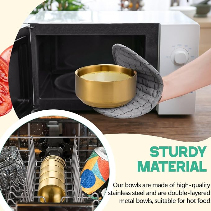 Reallnaive 4 Sets 12 oz Stainless Steel Korean Soup Rice Bowl with Lid for Cereal Kitchen Restaurant Double-walled Anti Scalding Metal Bowls for Soup Salad Noodles Insulated