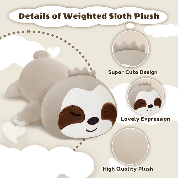 Weighted Sloth Stuffed Animals, Cute Weighted Sloth Plush, Soft Stuffed Weighted Plushie Pillow Gifts for Girls Boys(13.8" 1.6Lbs)