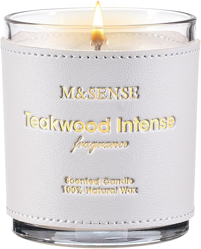 M&SENSE Teakwood Scented Soy Candles | Vegan Non Toxic, 10oz, 42-Hour Clean Burn, Relaxing Aromatherapy, Stress Relief