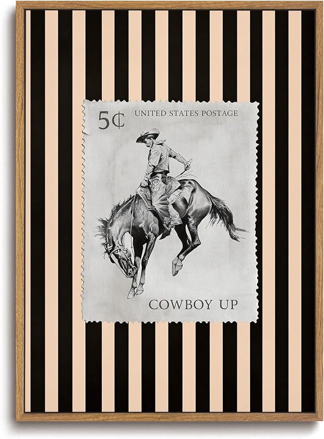 ZZLWBKGL Western Wall Decor Cowboy Canvas Art Vintage Framed Wall Art | Farmhouse Striped Artwork Retro Country West Stamp Picture Bucking Bronco Paintings for Living Room Bedroom 8x10in