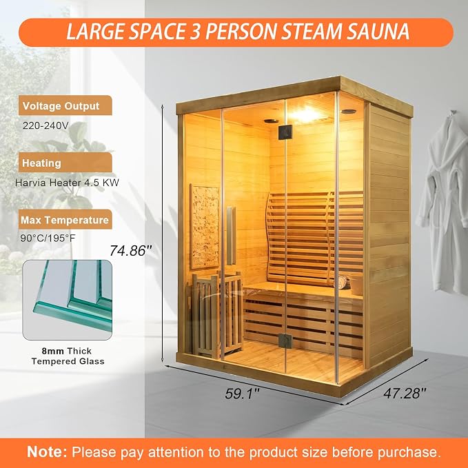 Smartmak Wood Home Traditional Steam Sauna, Wifi Control 3 Person Luxurious Indoor Canadian Hemlock Wooden Spa Room, with 4.5 kw Heater, Backrest, Bluetooth Speaker, Rocks, Water Bucket, Spoon, Lights