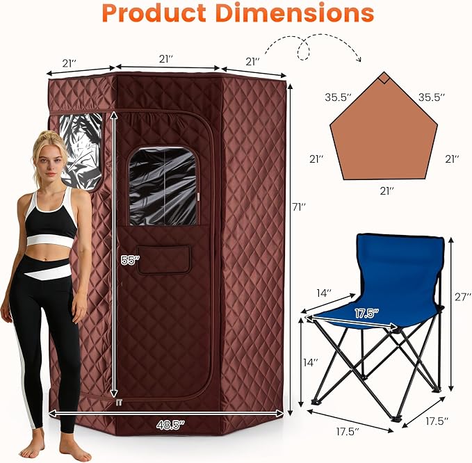 Giantex 3L Portable Steam Sauna, Fast-Heat Large Pentagon Sauna Box for Home, 9-Level Remote Control, 99-Min Timer, Folding Chair, Foot Roller, Mat, 35.5" x 35.5" x 71" Sauna Tent (Brown)