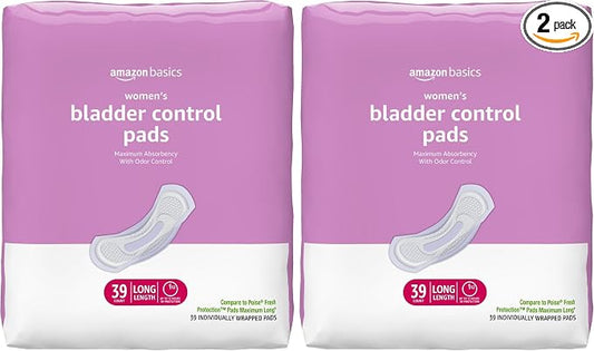 Amazon Basics Incontinence Pads for Women, Postpartum, Long, Maximum Absorbency, Bladder Control, Unscented, 39 Count (Pack of 2)