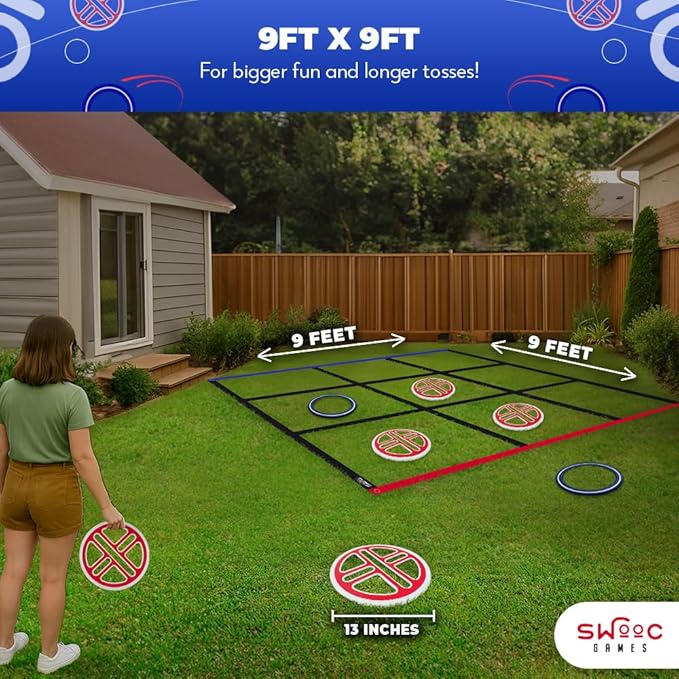 Swooc Games® - Fling Tac Toe™ (9ft x 9ft) Giant Tic Tac Toe Game Outdoor | Weatherproof Giant Outdoor Games for Adults and Family | Large Backyard Games for Kids | Jumbo Outside Yard & Lawn Game