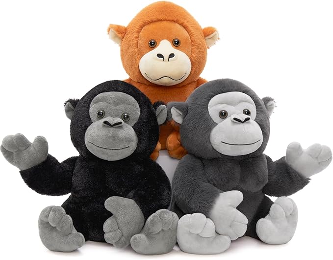 3Pcs Bulk Gorilla Plush, Cute Soft Gorilla Stuffed Animal Set for Kids,11.4" Mini Stuffed Zoo Animal Toy for Birthday, JungleTheme Party Baby Shower Decor(Black,Rufous,Gray)