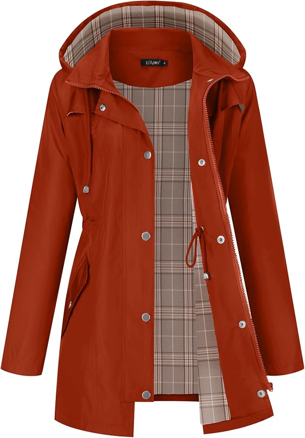 LOMON Women Waterproof Outdoor Hiking Raincoat Women Lined Rain Jacket Lightweight Hooded Jackets Trench Coats