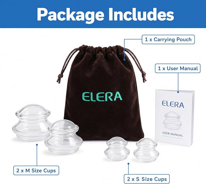 ELERA Silicone Cupping Set for Face & Body, 4 Pcs Facial Cupping Therapy Kit, Lymphatic Drainage Tool & Fascia Massage Cups for Neck, Shoulder & Muscle Pain Relief (2 Medium, 2 Small)
