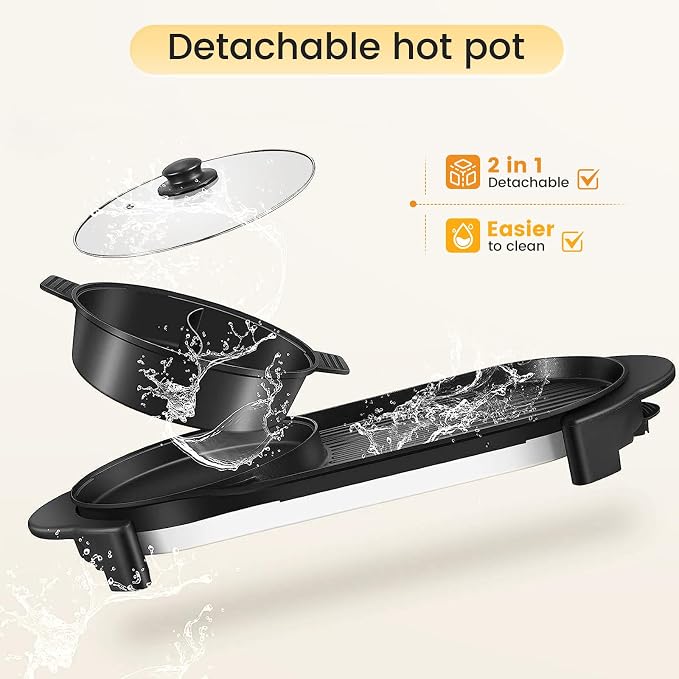 Electric Hot Pot with Grill Indoor Korean BBQ Grill Shabu-shabu Hotpot, Removable Hotpot Pot W/Large Capacity Baking Tray, Smokeless Non-Stick, 5-Gear Adjustable Temperature, 1-6 People 110V