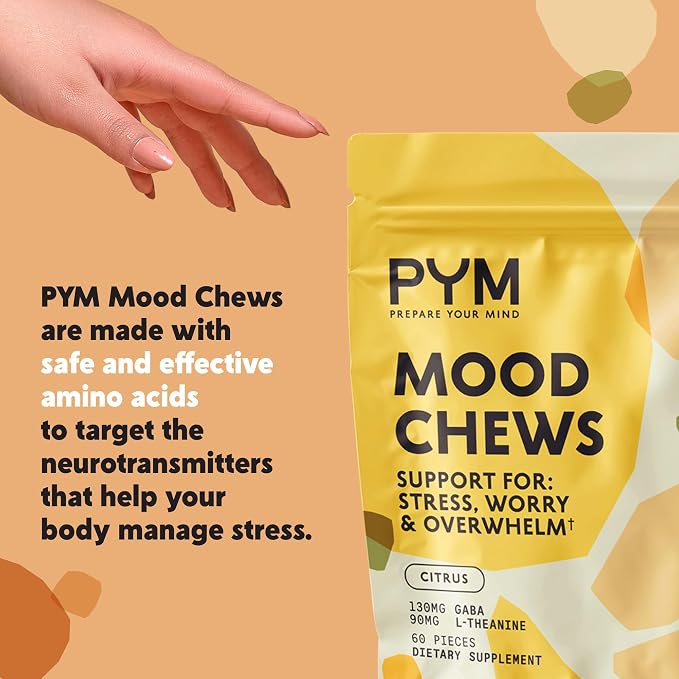 PYM Citrus Mood Chews Support for Stress, Worry & Overwhelm, 60 Count | 130mg GABA, 90mg L-Theanine | Vegan,Non-GMO, Gluten-Free,No Added Sugar | All-Natural Mood Support Supplement in Resealable Bag