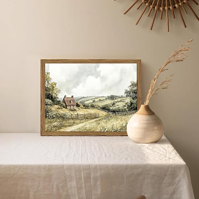 Framed Vintage Canvas Wall Art, Cottage Landscape Wall Decor Paintings, Rustic Farmhouse Pictures Prints Aesthetic Home Decor for Living Room Bedroom Bathroom 12x16 inch