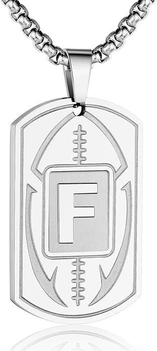 Initial A-Z Dog Tag Necklace for Men - Football Charm Pendant, Stainless Steel Chain 22+2 Inches, Personalized Sports Athletes Jewelry Gift