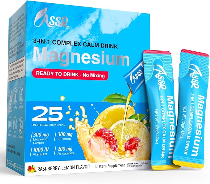 ASSR Supplement Ready to Drink No Mix, Triple Magnesium Glycinate, Malate, Citrate, Ashwagandha, L Theanine, Vitamin D, 25ct