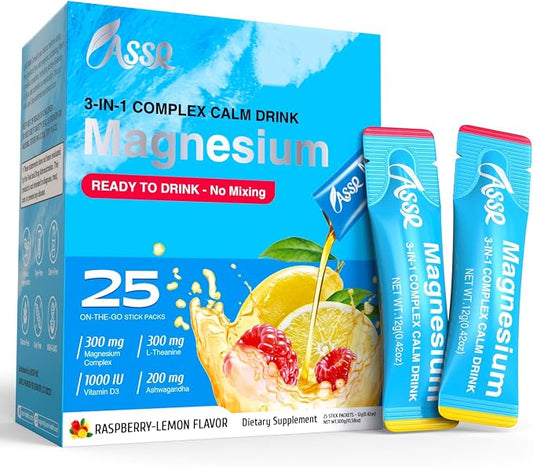 ASSR Supplement Ready to Drink No Mix, Triple Magnesium Glycinate, Malate, Citrate, Ashwagandha, L Theanine, Vitamin D, 25ct