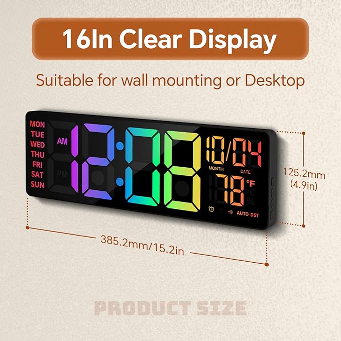 YISILE 16 Inch RGB LED Digital Wall Clock - 8 Color Display, 6 Night Light Modes, Bluetooth Auto Time Sync, Sound Wake-Up, Dual Alarm, Auto DST, Remote Dimmer for Bedroom, Living Room & Gaming Room