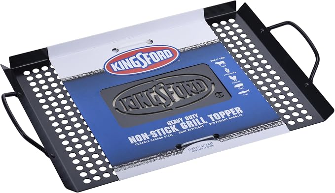 Kingsford Non-Stick Grill Topper Pan, Heavy Duty Carbon Steel BBQ Grilling Tray with Handles, Perforated Surface Helps Keep Small Foods from Falling Through Grates, 15.55 x 11.05 Inch