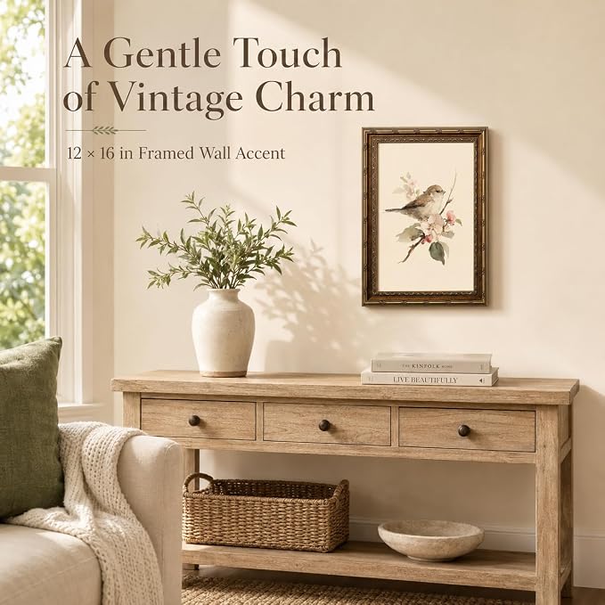 Gold Framed Bird Wall Art, Vintage Sparrow and Blossoms Canvas, 12x16in | Beige sparrow artwork with neutral vintage style for bedroom, nursery, kitchen, classroom, hallway, or living room.