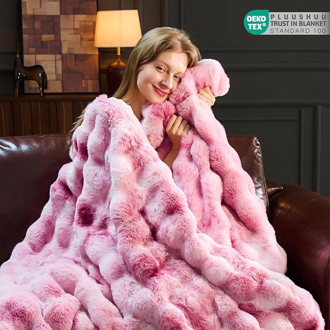 Faux Fur Throw Blanket for Couch, Fluffy Fuzzy Plush Bubble Blanket, Soft Warm Cozy Shaggy Rabbit Blanket, Luxury Decorative Gifts for Sofa Bedroom Living Room, 90x90inch (Tie-Dye-Pink)