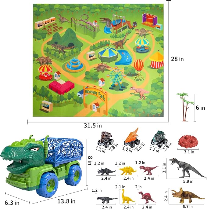 TEMI Dinosaur Truck Toys for Kids 3-5, Tyrannosaurus Transport Car Carrier Truck with Spray, 8 Dinosaur Figures, 3 Cars and 6 Eggs, Gifts for Boys and Girls 3 4 5 6 7