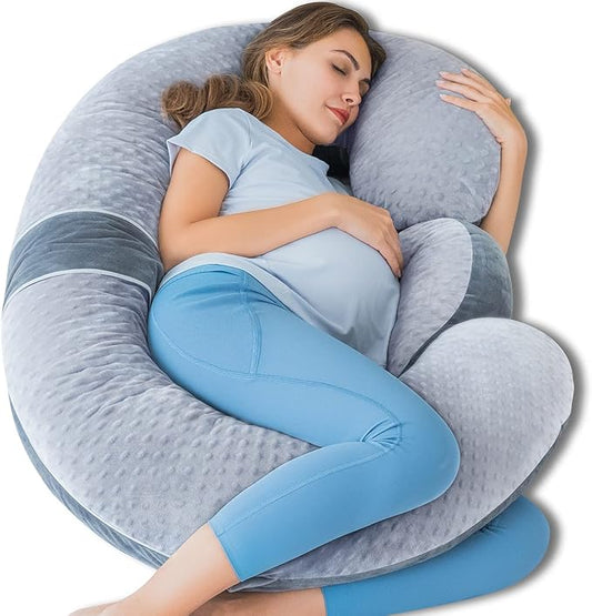 QUEEN ROSE Pregnancy Pillow E Shaped with Detachable Wedge, Adjustable Full Body Maternity Pillow for Sleeping, Dual-Sided Velvet Cover, 60 Inch Support for Side Sleepers, Grey