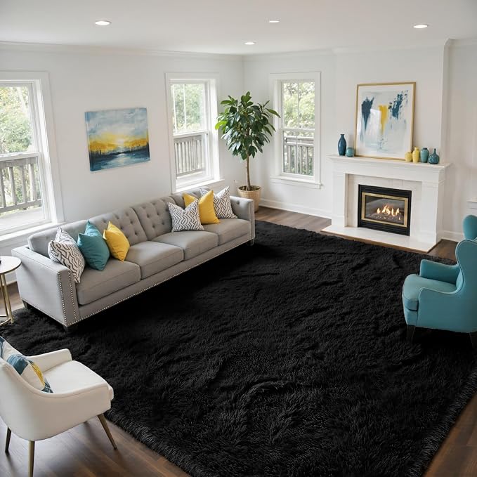 yongyangjuxin Fluffy Rug Shag Area Rug, Black 10x14 Area Rugs for Bedroom, Super Soft Shag Rugs for Living Room Bedroom Room Home Decor, Upgrade Anti-Skid Rectangular Fuzzy Rug