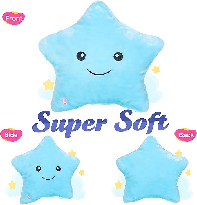 WEWILL 13'' Creative Twinkle Star Glowing LED Night Light Plush Pillows Stuffed Animals Toys Birthday Christmas Holiday Valentines Gifts for Toddlers Girls(Blue)