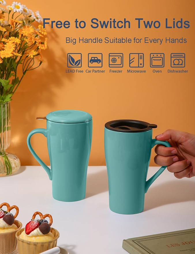 Tea Mug with Infuser and Lid, 18oz Large Tea Infuser Cup, Porcelain Tea Cup with Strainer & Silicone Lid, Tea Mug Set for Birthday, Mother's Day, Father's Day (Mint Green)
