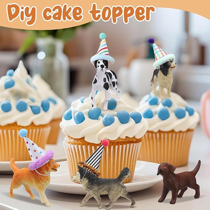 18 Pcs Dog Birthday Party Decorations Mini Birthday Hat Animal Figure Model Cake Toppers with Mini Hat for Birthday Party, Animals Themed Party