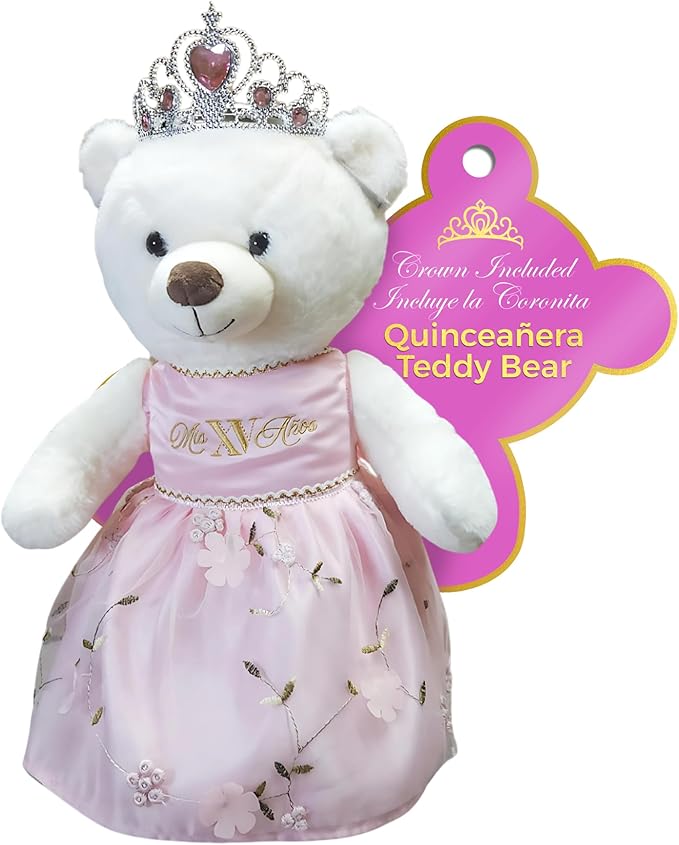 Quinceañera Teddy Bear 18-inches Tall with Dress for 15th Birthday, Quince Bear with Matching Crown, Ideal Keepsake for 15th Birthday, Mis XV Años - Pink