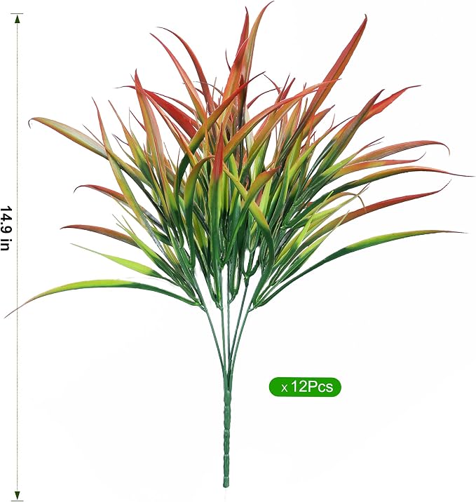Ivydale 12Pcs Fake Plants Outdoor Artificial Plastic Grass Spring Decoration UV Resistant Faux Greenery Stems Bushes Outside Fake Plants for Planters Patio Porch Window Box Pathway Garden Home Decor