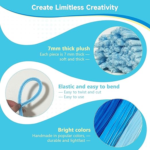 Pipe Cleaners Craft 300PCS 3 Colors Blue Pipe Cleaners Bulk 30CM Limpia Pipas para Manualidades Fuzzy Wire Chenille Stems for Arts Crafts and Creative DIY Projects Decorations