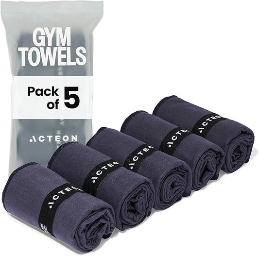 Acteon Microfiber Gym Towels 5 Pack, Quick Dry Silver ION Odor-Free Super Absorbent Sweat Towels for Men & Women, Workout, Yoga, Running, Beach, Travel – 16x30.5 Inch (Midnight Blue)