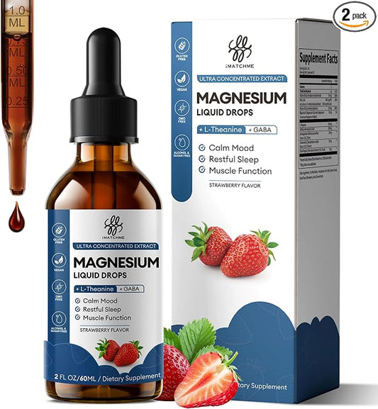 2 Pack Sleep Support Liquid Magnesium Glycinate Drops for Nighttime Calm, Magnesium Drops with Chamomile, Ashwagandha, L-Theanine & GABA for Relaxation, Gentle Absorption, Strawberry Flavor, 4 Fl Oz