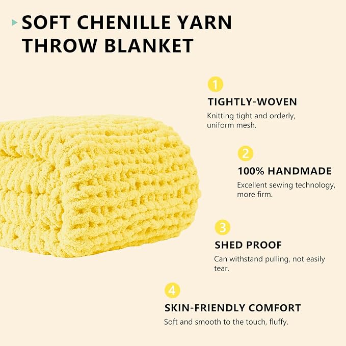L'AGRATY Chunky Knit Throw Blanket for Couch, 60 x 80 Inches, Egg Yellow | Handmade Chenille Crochet Blanket for Sofa Bed, Thick Cable Knitted Blankets for Room Home Decor, Birthday Gift for Women Mom